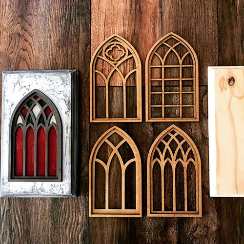 OT-0005 Arch Window  4 Block Set UNPAINTED 4 x 24cm x 14cm 22mm wood blocks plus 8 laser cut 3mm MDF cathedral pieces. (PAINTED ITEM SHOWN AS EXAMPLE ONLY)