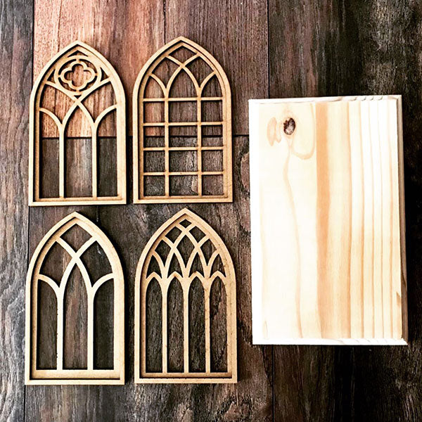 OT-0005 Arch Window  4 Block Set UNPAINTED 4 x 24cm x 14cm 22mm wood blocks plus 8 laser cut 3mm MDF cathedral pieces. (PAINTED ITEM SHOWN AS EXAMPLE ONLY)